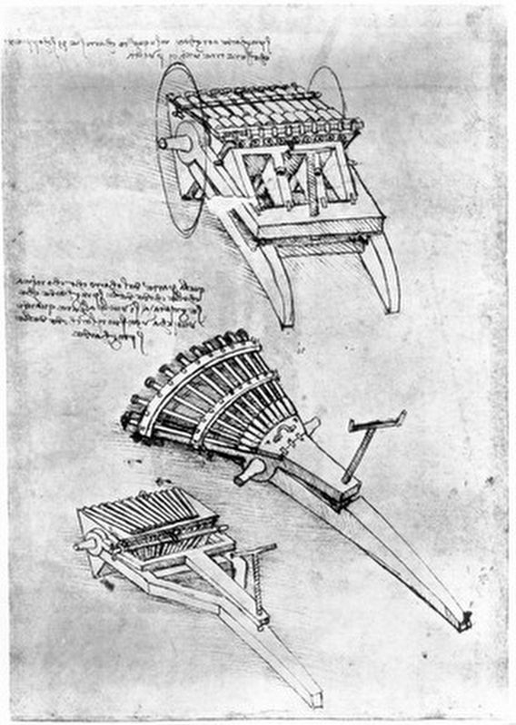 Designs for multi-barrel cannons by Leonardo da Vinci image. Click for full size.