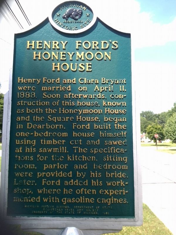 Henry Ford's Honeymoon House Marker - Side 1 image. Click for full size.