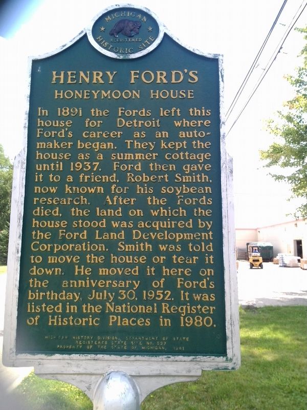 Henry Ford's Honeymoon House Marker - Side 2. Click for full size. Henry Ford's Honeymoon House Marker - Side 2 image. Click for full size.