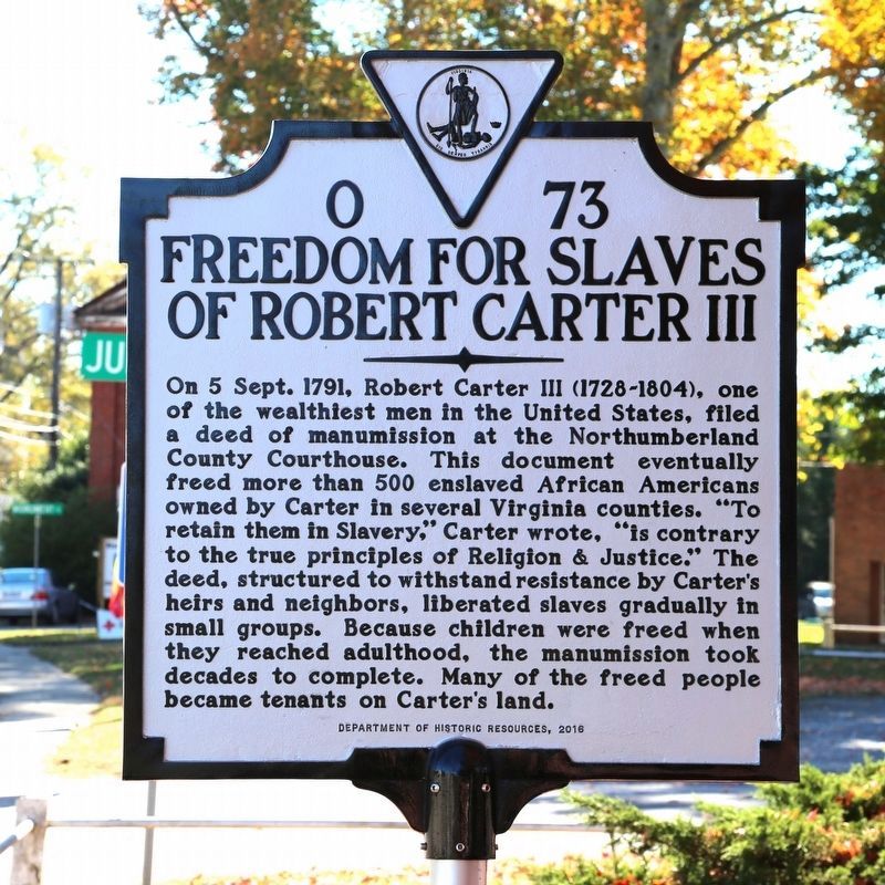 Freedom for Slaves of Robert Carter III Marker. Click for full size. Freedom for Slaves of Robert Carter III Marker image. Click for full size.
