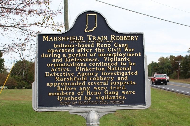 Marshfield Train Robbery Marker Reverse image. Click for full size.