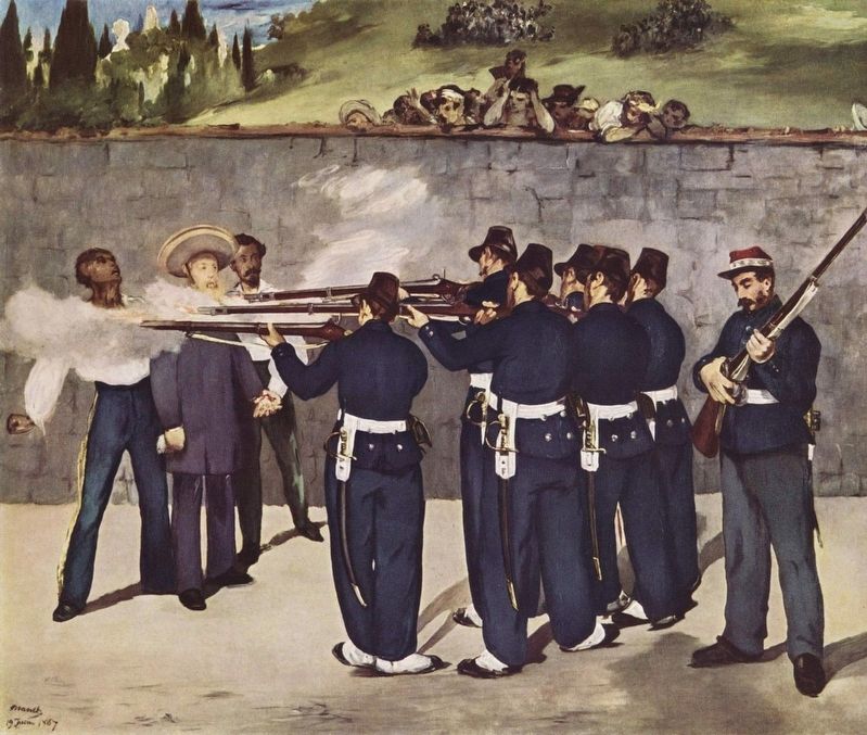 Edouard Manet's depiction of the execution of Maximilian, Tomás Mejía and Miguel Miramón. image. Click for full size.