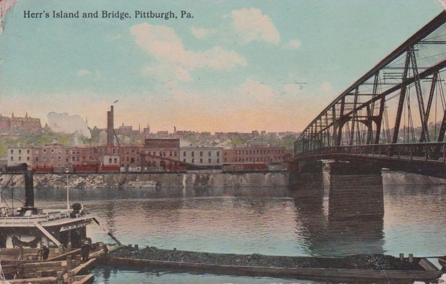<i>Herr's Island and Bridge, Pittsburgh, Pa.</i> - Handcolored Postcard View image. Click for full size.