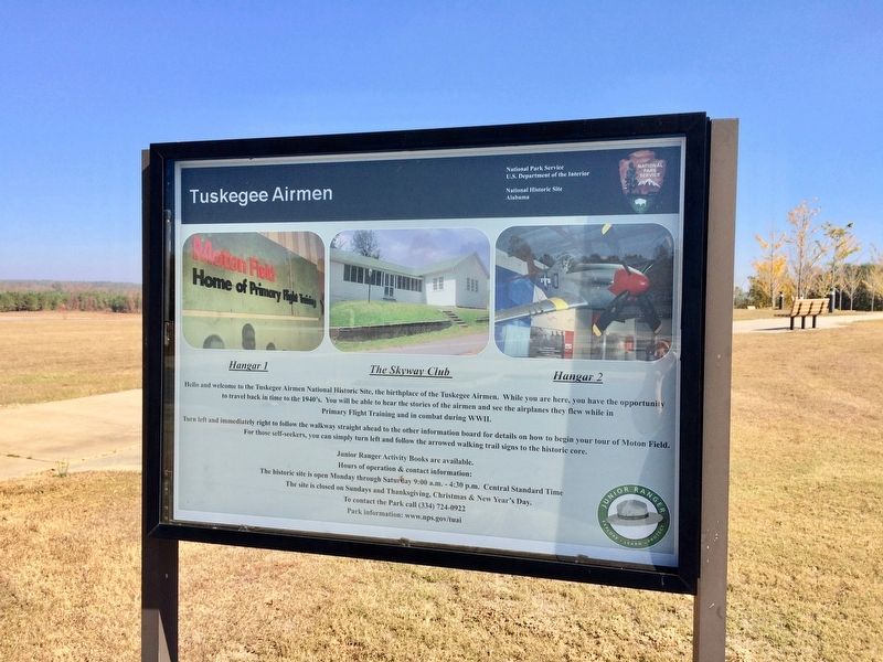 Tuskegee Airmen Historic Site entrance marker at top of hill.. Click for full size. Tuskegee Airmen Historic Site entrance marker at top of hill. image. Click for full size.