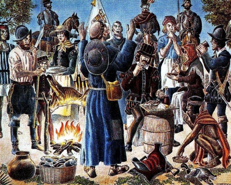 A depiction of the first Thanksgiving in 1598 image. Click for full size.