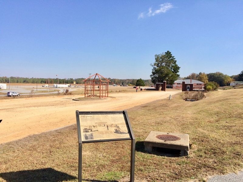 View of marker, guard shack (Ghost Structure), entrance gate, and Moton Field. image. Click for full size.