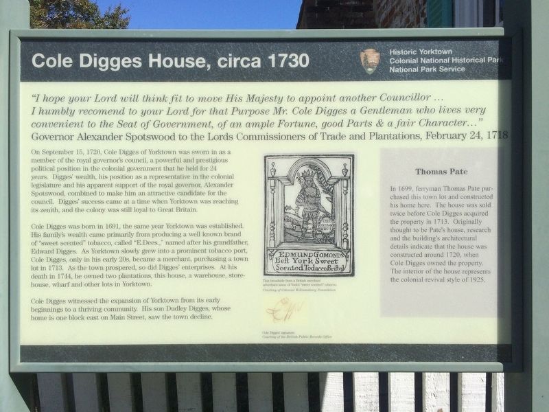 Cole Digges House, circa 1730 Marker image. Click for full size.