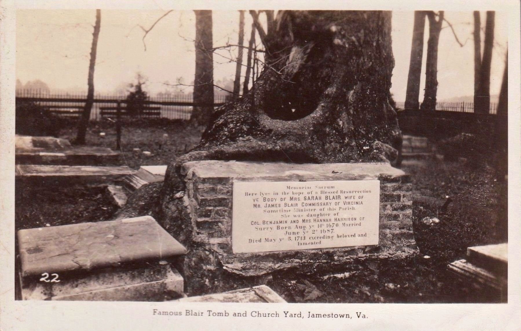 <i>Famous Blair Tomb and Church Yard, Jamestown, Va.</i> image. Click for full size.