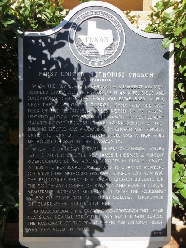 First United Methodist Church of Clarendon Marker image. Click for full size.