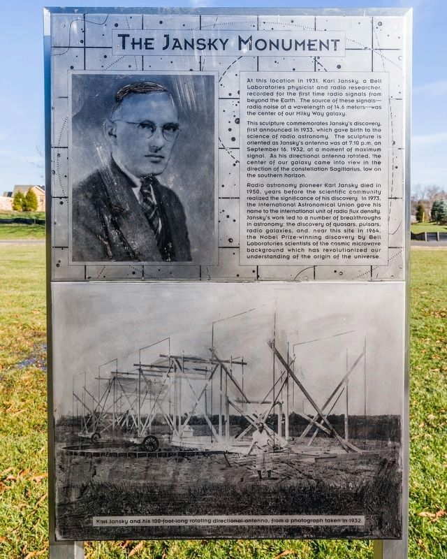 Karl Jansky Radio Astronomy Monument Marker. Click for full size. Karl Jansky Radio Astronomy Monument Marker image. Click for full size.