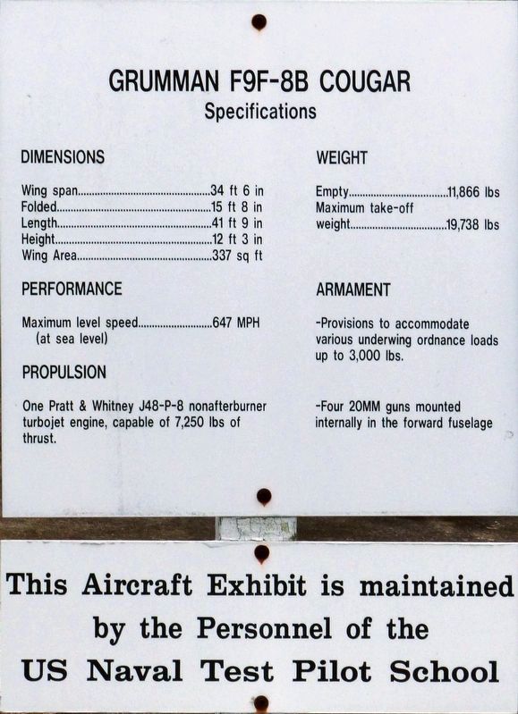 The F9F-8B “Cougar” Marker - Specifications image. Click for full size.