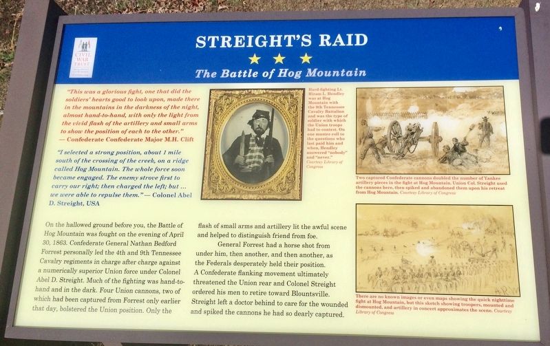 Streights Raid - The Battle of Hog Mountain Marker. Click for full size. Streights Raid - The Battle of Hog Mountain Marker image. Click for full size.