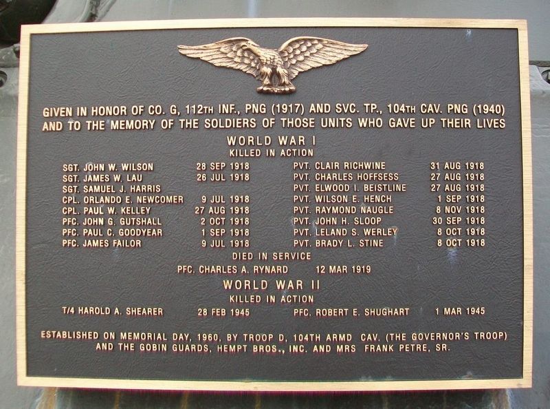 Company G, 112th Infantry, and Service Troop, 104th Cavalry, War Memorial Marker. Click for full size. Company G, 112th Infantry, and Service Troop, 104th Cavalry, War Memorial Marker image. Click for full size.
