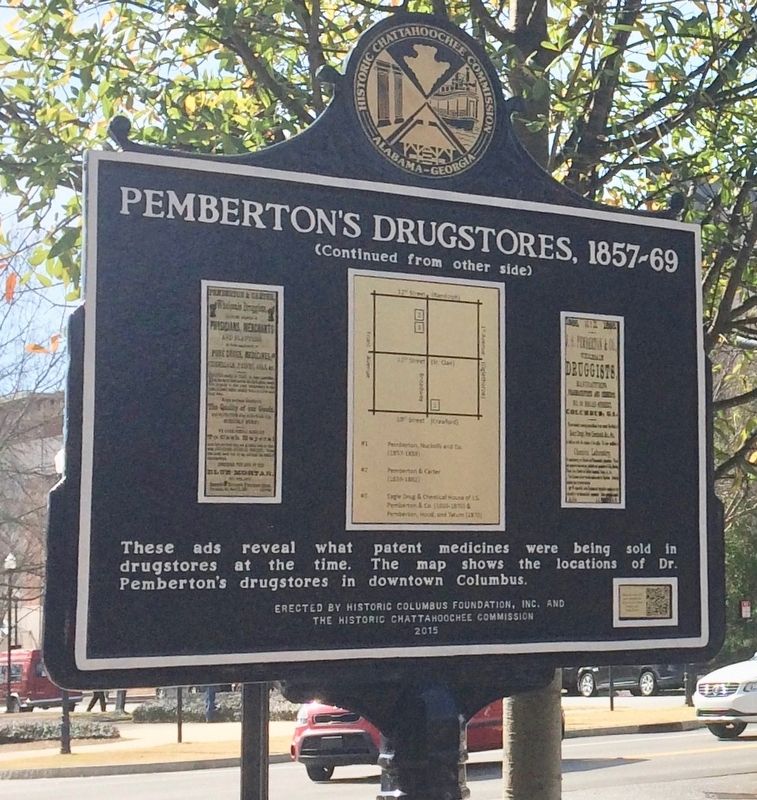 Pemberton’s Drugstores, 1857-69 Marker (Side 2). Click for full size. Pemberton’s Drugstores, 1857-69 Marker (Side 2) image. Click for full size.