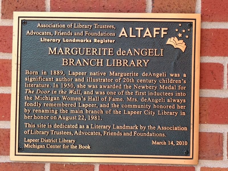 Marguerite deAngeli Branch Library Marker image. Click for full size.
