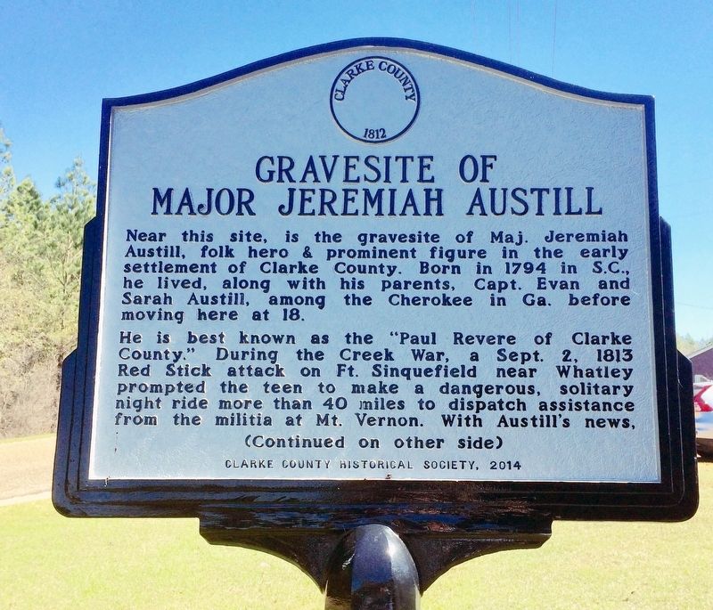 Gravesite of Major Jeremiah Austill Marker (Side 1) image. Click for full size.