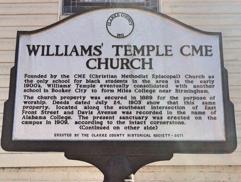 Williams Temple CME Church Marker (Side 1) image. Click for full size.