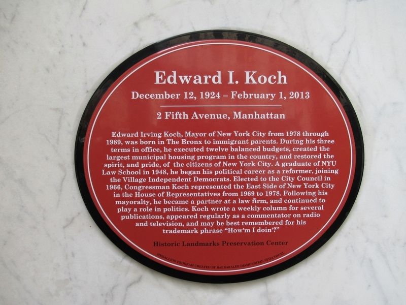 Edward I. Koch Marker image. Click for full size.