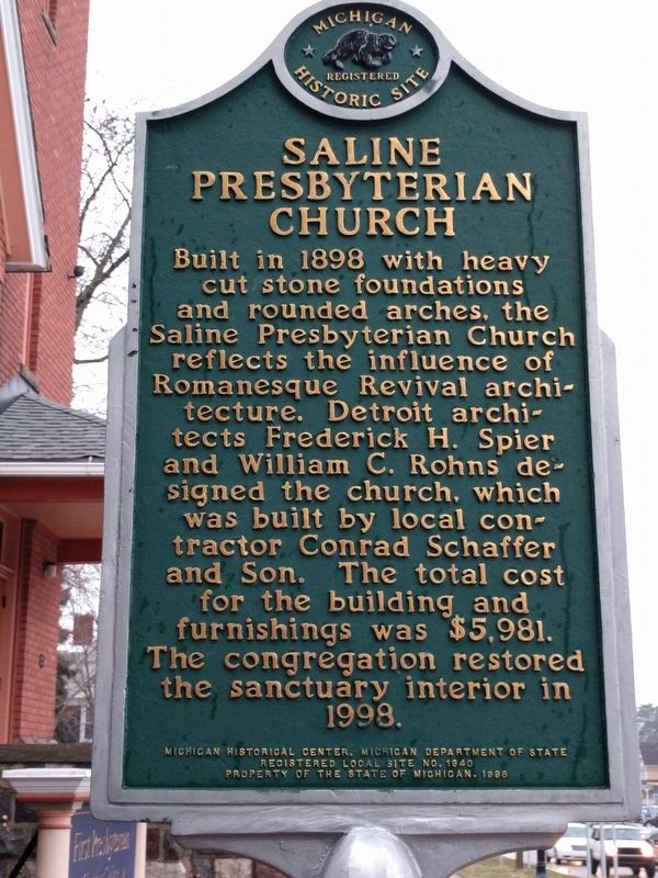 Saline Presbyterian Church Marker Reverse image. Click for full size.
