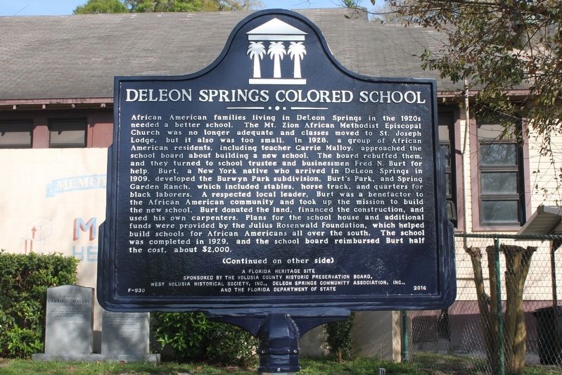 DeLeon Springs Colored School Marker Side 1 image. Click for full size.