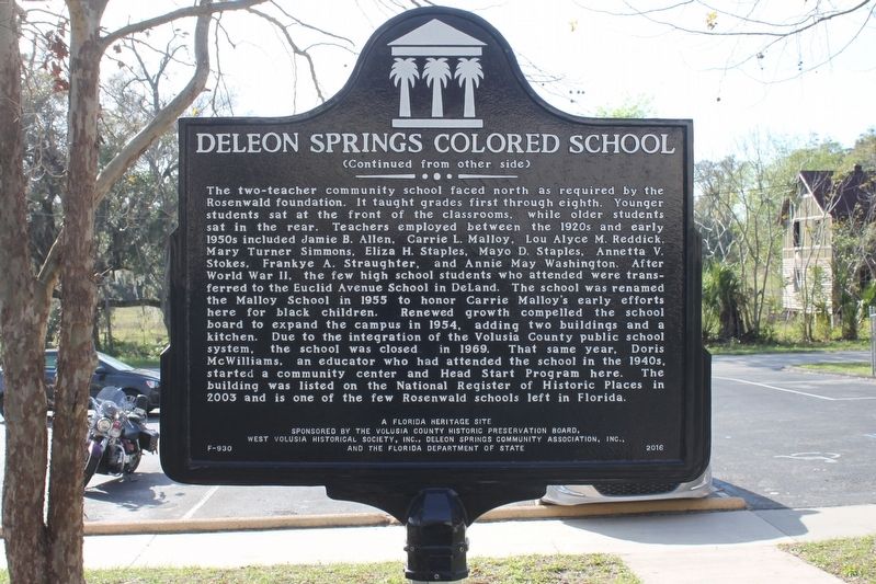 DeLeon Springs Colored School Marker Side 2 image. Click for full size.