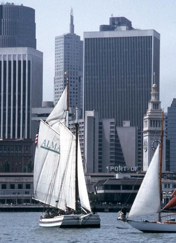 Scow Schooner <i>Alma</i> sailing on San Francisco Bay. Click for full size. Scow Schooner <i>Alma</i> sailing on San Francisco Bay image. Click for full size.