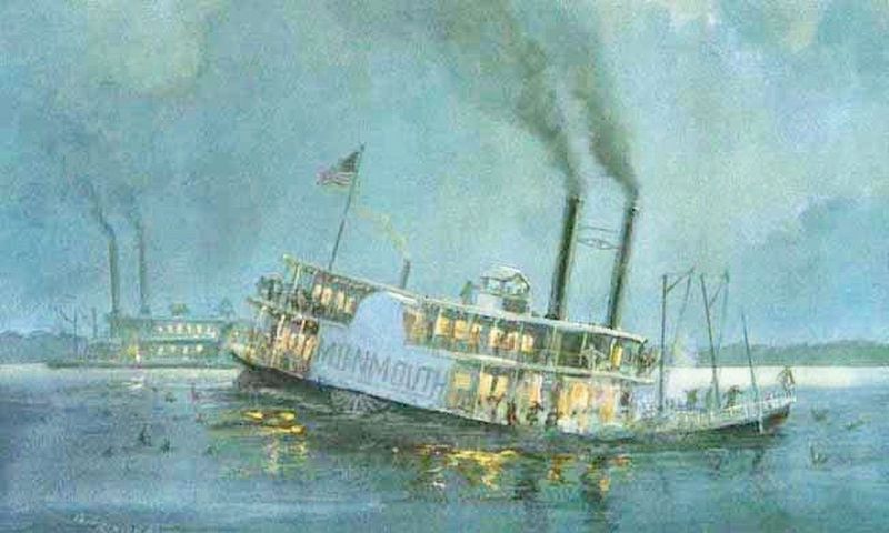 Steamboat <i>Monmouth</i> sinking, painting by Paul Bender (marker detail). image. Click for full size.