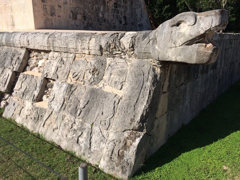 An example of the plumed serpent sculpture along the walls of the ball court. image. Click for full size.