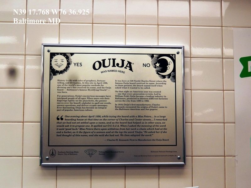 Ouija Historic Marker-529 North Charles Street-Baltimore MD image. Click for full size.