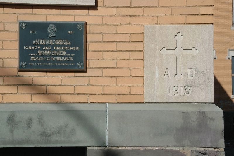 Ignacy Jan Paderewski Marker & St. Mary's School 1913 Cornerstone image. Click for full size.