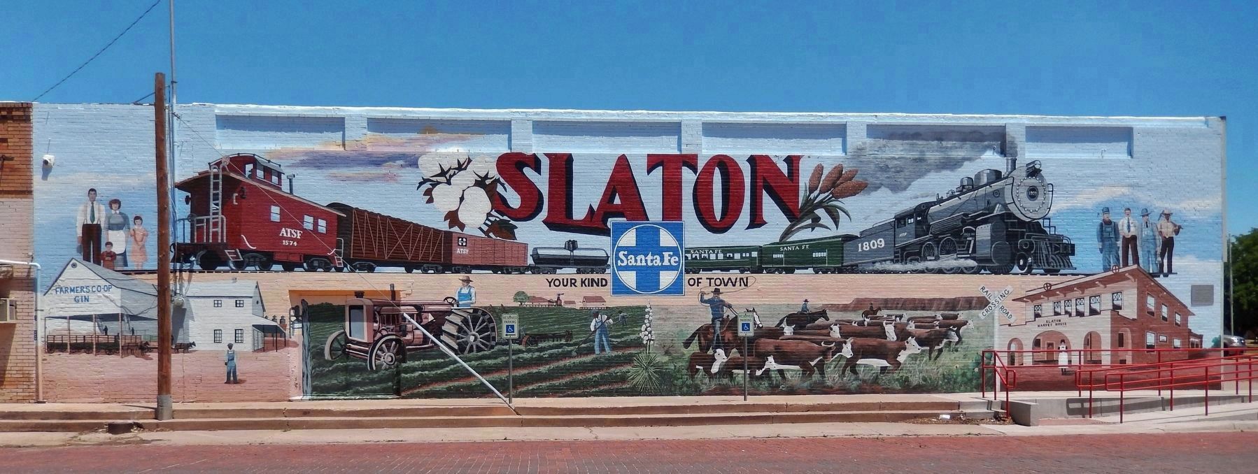 Slaton Town Square Mural - Celebrating cotton, cattle & railroads image. Click for full size.