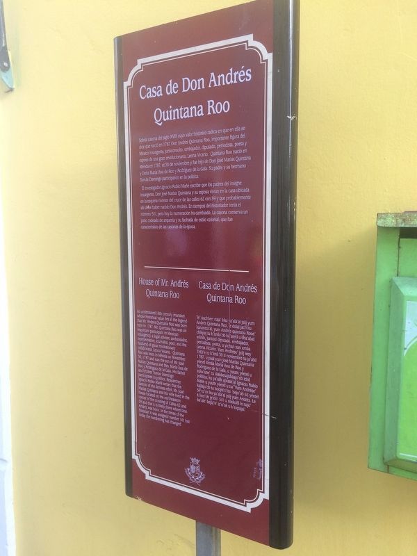 House of Mr. Andrs Quintana Roo Marker image. Click for full size.