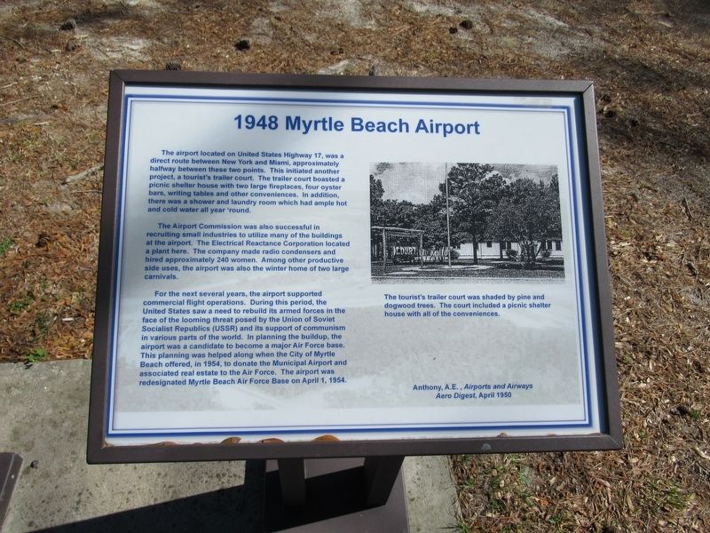 1948 Myrtle Beach Airport Marker. Click for full size. 1948 Myrtle Beach Airport Marker image. Click for full size.