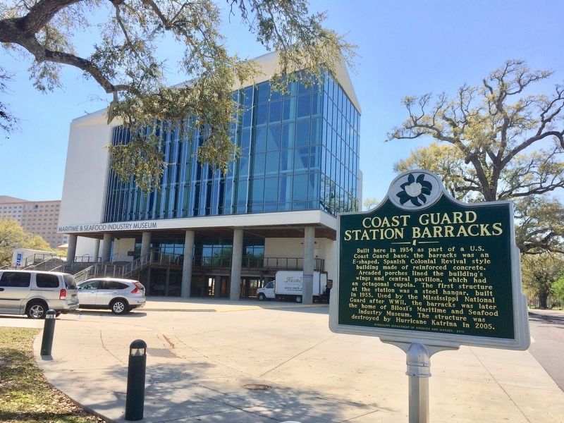 View of marker looking at new Maritime and Seafood Industry Museum. image. Click for full size.