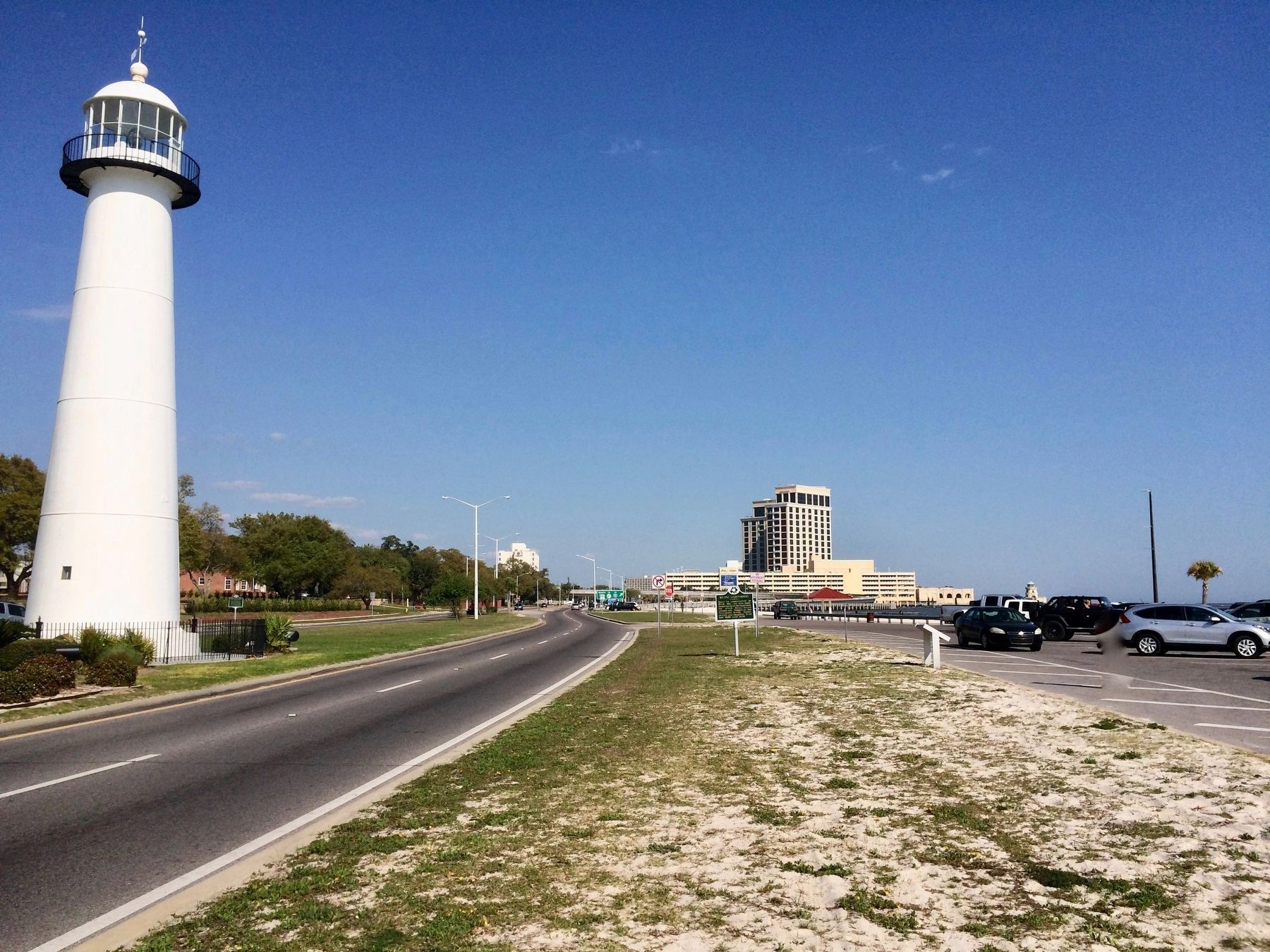 Actual Biloxi Lighthouse in median, with marker on south side of Beach Boulevard (U.S 90). image. Click for full size.