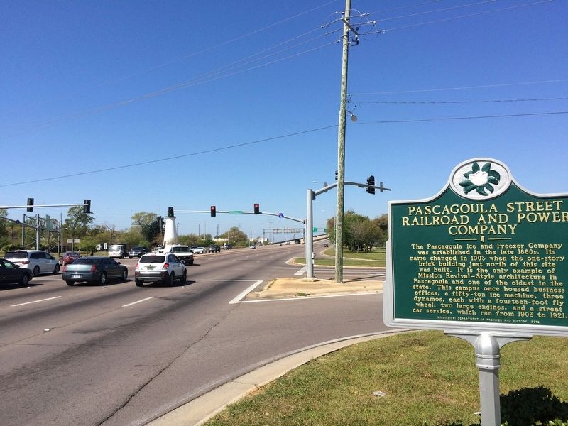 View of marker looking west on U.S. 90 and the old lighthouse.. Click for full size. View of marker looking west on U.S. 90 and the old lighthouse. image. Click for full size.