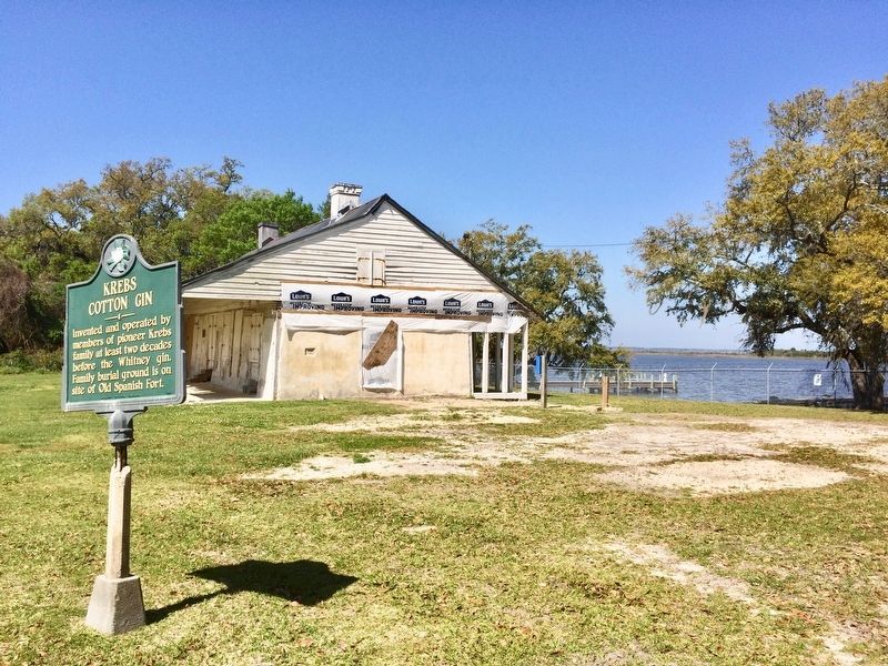 View of Krebs Cotton Gin Marker and the LaPointe-Krebs House with Krebs Lake in background. image. Click for full size.