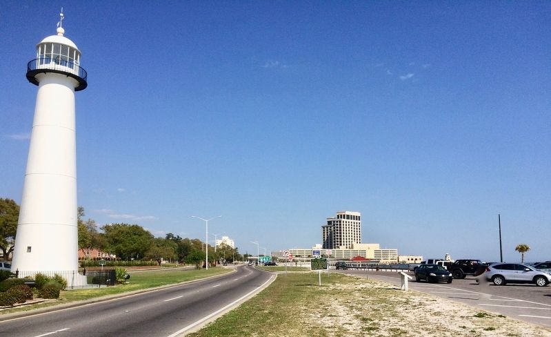 View of Biloxi Lighthouse Marker looking east on Highway 90.. Click for full size. View of Biloxi Lighthouse Marker looking east on Highway 90. image. Click for full size.