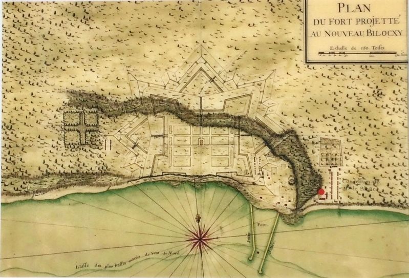 Map of original settlement of Nouveau Bilocxy (Biloxi) with marked location of Moran Site image. Click for full size.