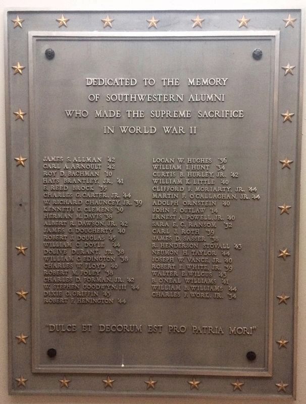 Southwestern Alumni World War II Memorial Marker. Click for full size. Southwestern Alumni World War II Memorial Marker image. Click for full size.
