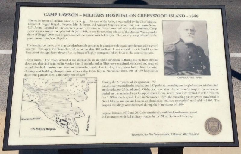 Camp Lawson – Military Hospital on Greenwood Island – 1848 Marker. Click for full size. Camp Lawson – Military Hospital on Greenwood Island – 1848 Marker image. Click for full size.
