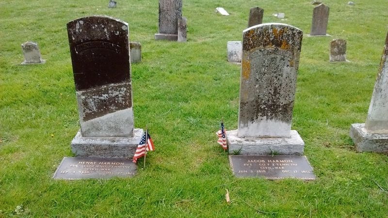 Gravestones of Henry Harmon (left) and Jacob Harmon (right). image. Click for full size.