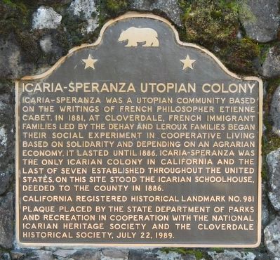 Icaria-Speranza Utopian Colony Marker. Click for full size. Icaria-Speranza Utopian Colony Marker image. Click for full size.