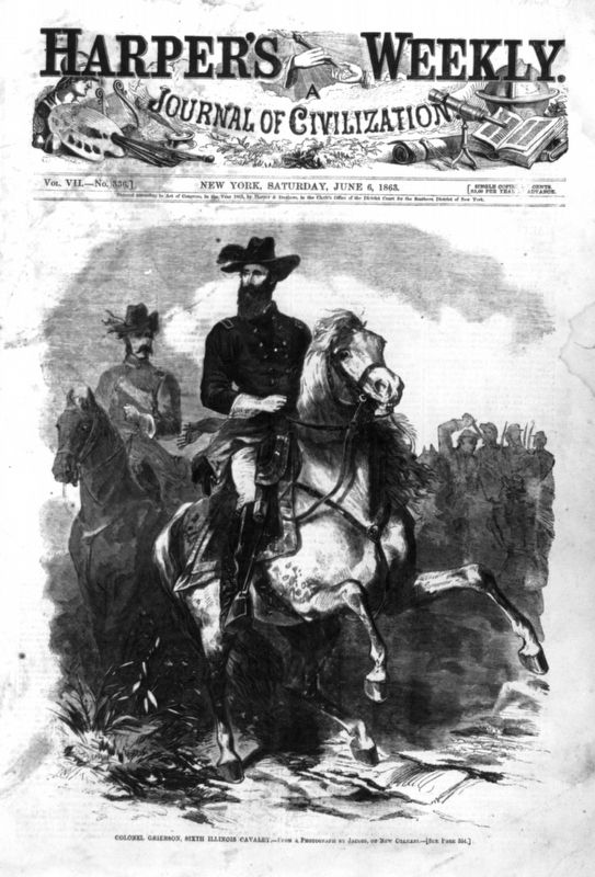 Colonel Benjamin Grierson leading his 6th Illinois Cavalry. image. Click for full size.