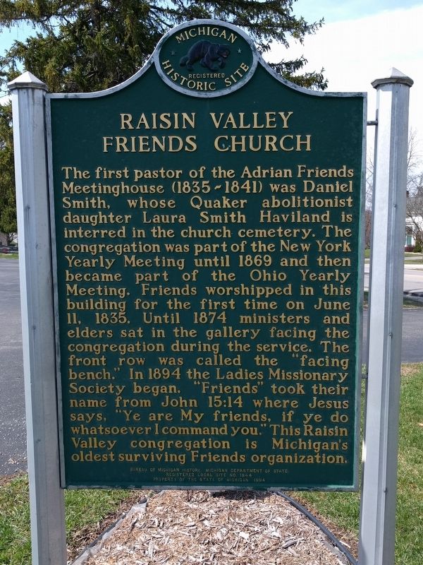Adrian Monthly Meetinghouse / Raisin Valley Friends Church Marker image. Click for full size.