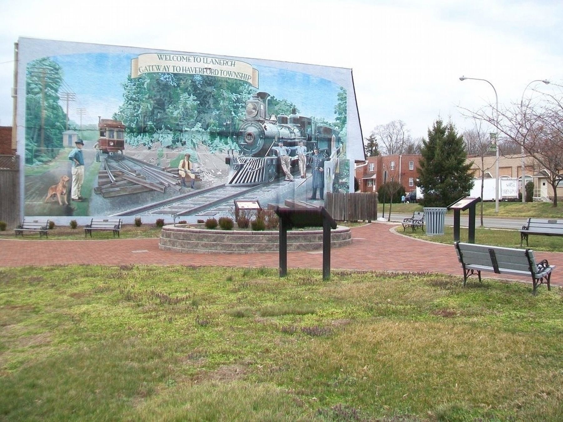 Llanerch Crossing Park, Markers, and Mural image. Click for full size.