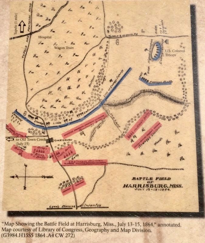 Map of Battle Field at Harrisburg, MS July 13-15, 1864. image. Click for full size.