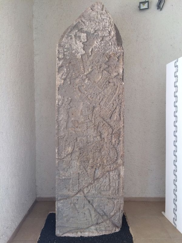 Stela 2 from the Stelae Building, now at the small museum at Uxmal. image. Click for full size.
