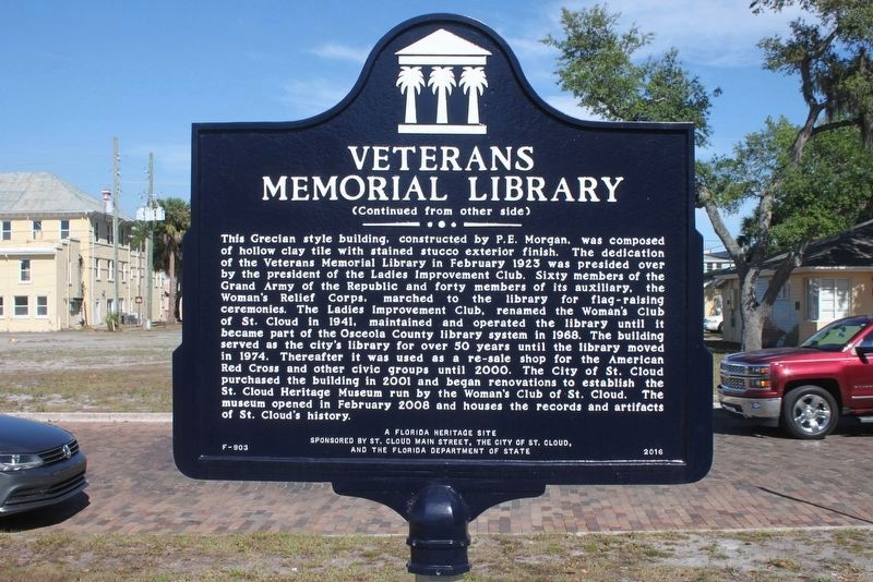 Veterans Memorial Library Marker reverse image. Click for full size.