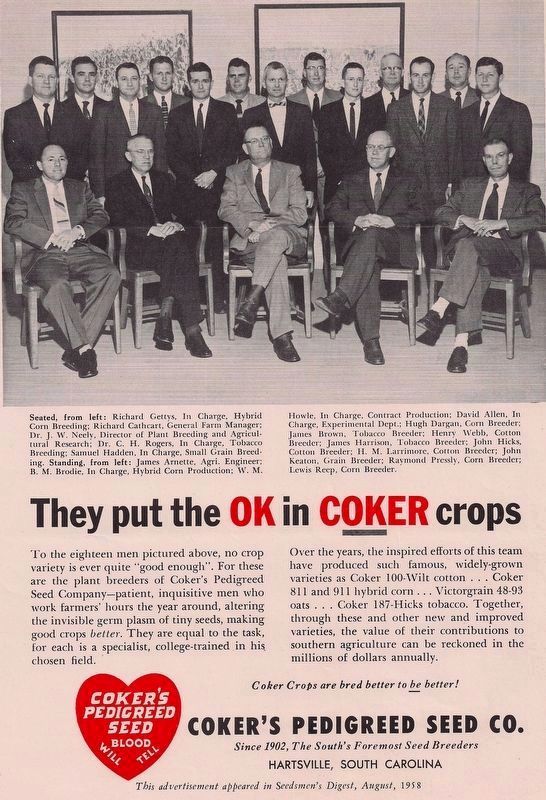 Coker's Pedigreed Seed Company /Coker Experimental Farms Marker image. Click for full size.